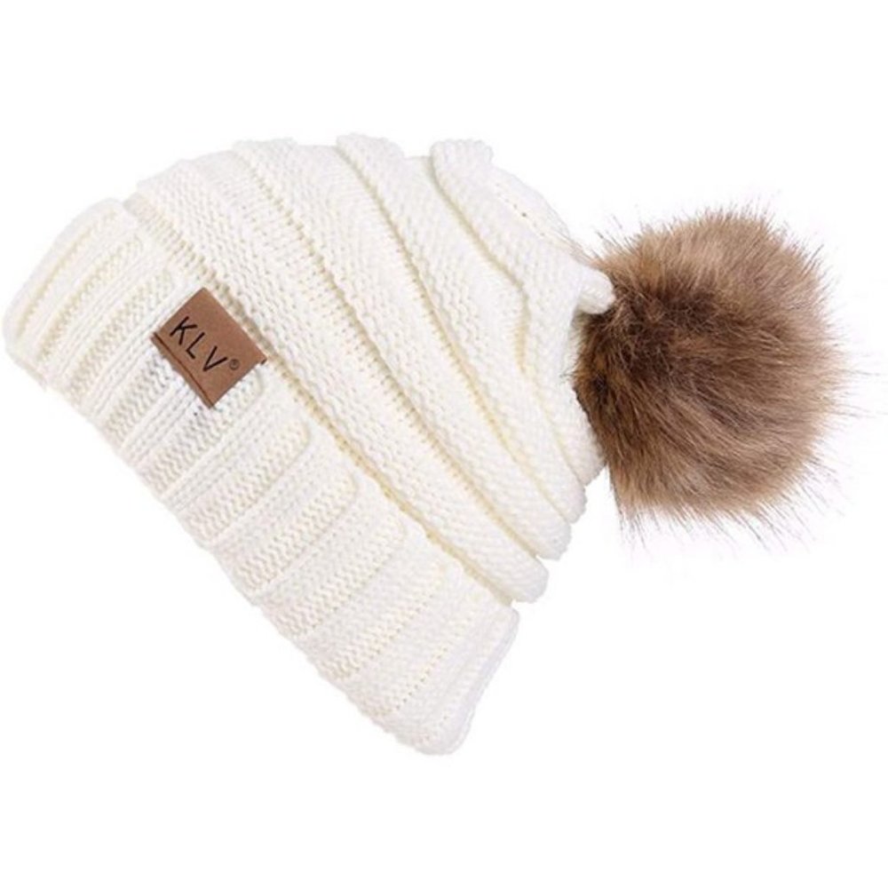 KLV Slouchy Unisex Knitted Wool Beanie Hat with Faux Fur Pom - Picture 3 of 3